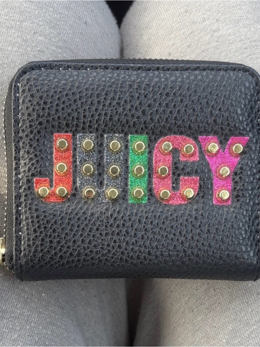 2010s Black Textured Zip Wallet with Colorful Studded 'JUICY' Logo